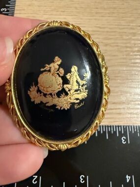 Limoges Castel France Porcelain Brooch Gold Courting Couple Cobalt Blue Vintage